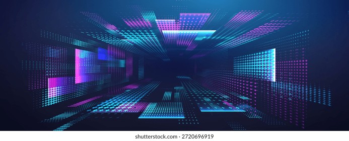 Túnel cuántico con el marco de alambre del led y el agujero de gusano para el fondo cibernético. Arte de velocidad y Vector para el diseño conceptual. Cuadrícula digital y tecnología para el arte de eventos virtuales.