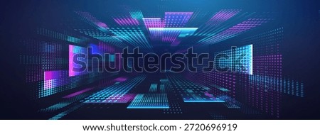 Quantum tunnel with LED wireframe and wormhole for cyber background. Speed art and vector for concept design. Digital grid and tech for virtual event art.