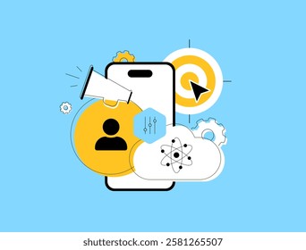 Quantum-enhanced personalized advertising. Depiction of quantum systems tailoring real-time ads to individual preferences, revolutionizing customer engagement. AI personalized ads vector illustration