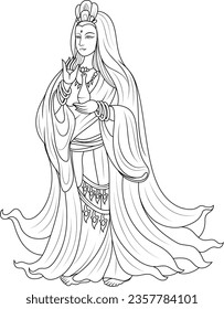 Quanyin or Guan Yin Chinese god and art Guan Yin character design. Line art Buddhism religious illustration vector.