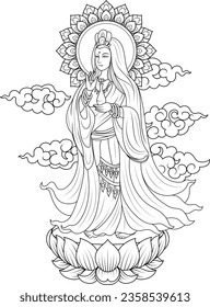 Quanyin oder Guan Yin stehen auf Lotus mit Aura hinter Kopf und Wolke Hintergrund. Chinesischer Gott und Kunst Guan Yin Charakter Design. Buddhismus der Linie religiöse Illustration Vektorgrafik.