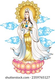 Quanyin oder Guan Yin stehen auf Lotus mit Aura hinter Kopf und Wolke Hintergrund. Chinesischer Gott und Kunst Guan Yin Charakter Design. Farbige buddhistische religiöse Illustrationsvektor.