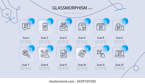 Quar code icon set. Scanner, mail, magnifying glass, search, tag. laptop, box, website, mouse, click. Glassmorphism style. Vector line icon for business and advertising