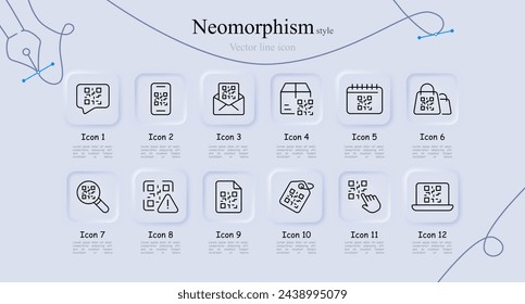 Quar code line icon set. Scanner, magnifying glass, tag, laptop, smartphone, box, mail, message, online purchase. Neomorphism style. Vector line icon for Business