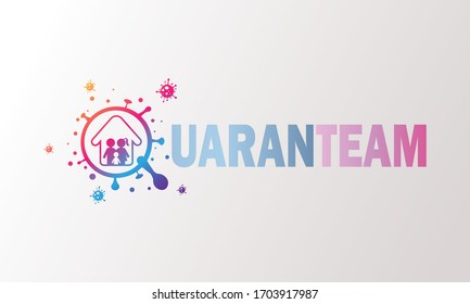 Quaranteam social logo and text to stay at home. Coronavirus quarantine, virus in quarantine to prevent infection. Text with logo