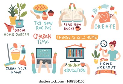 Quarantine activities letterings and other elements. Things to do at home. Vector illustration. - Shutterstock ID 1689284155