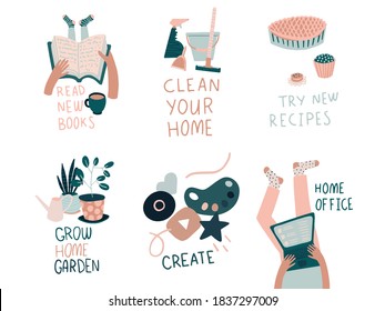 Quarantine activities letterings and other elements. Things to do at home. Vector illustration. 