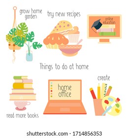 Quarantine activity labels and other elements. There are things to do at home. Stay at Home concept, daily routine while Self Isolation. Vector infographics, flat style illustration