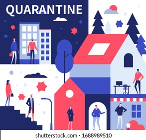 Quarantine advice - colorful flat design style illustration. Coronavirus protective measures idea. Male and female cartoon characters staying at home, working online, wearing face masks