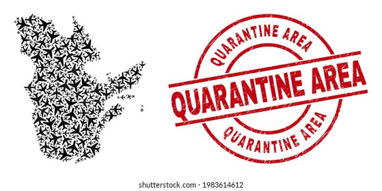 Quarantine Area rubber seal stamp, and Quebec Province map collage of airliner elements. Collage Quebec Province map constructed using air force symbols. Red seal with Quarantine Area text,