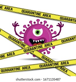 quarantine area STOP coronavirus (2019-ncov) - hand drawn cute virus or bacterium - Awareness lettering phrase. Coronavirus in China. Novel coronavirus (2019-nCoV). Concept of coronavirus quarantine.