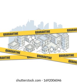 Quarantine barrier tape over city. Coronavirus pandemic. Lockdown city because of covid-19