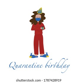 Quarantine birthday party hand drawn print red blue girl in mask celebration