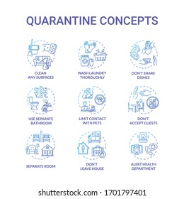 Quarantine blue concept icons set. Clean surfaces. Limit contact with pets. Do not accept guests. Self-isolation idea thin line RGB color illustrations. Vector isolated outline drawings