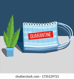 Quarantine Calendar In The Form Of A Medical Mask. Closing Or Beginning Of Quarantine, Sick Leave. Background In The Form Of A Workplace In The Office. Vector Illustration