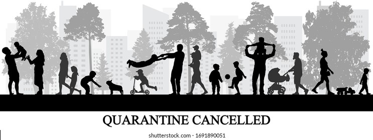 Quarantine Cancelled, People Walking In Park, Children Playing. Vector Illustration.