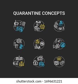 Quarantine chalk RGB color concept icons set. Clean surfaces. Limit contact with pets. Do not accept guests. Self-isolation idea. Vector isolated chalkboard illustrations on black background