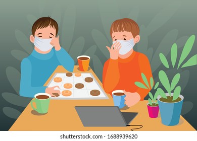 Quarantine. Children. Boys in medical masks play board games at home. Covid Prevention Concept - 19 or Coronavirus 2019 -nCov. Vector  illustration.