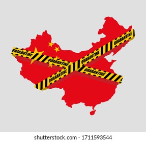 Quarantine in China. Chinese map is wrapped in yellow warning tape Quarantine. Coronavirus epidemic in world. Outbreak Covid-19 Pandemic. World disaster