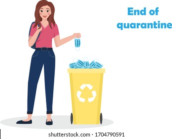 Quarantine Completion. Young woman throws a protective mask into the bin