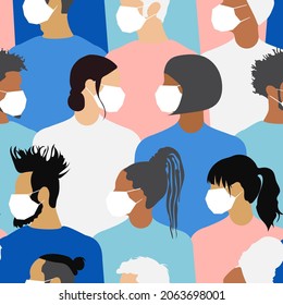 Quarantine concept. Crowd of men and women in medical masks. Coronavirus. Seamless background of stylish people of different nationalities and religions. Shades of blue. Vector.