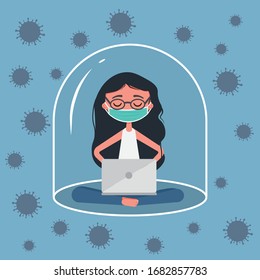 Quarantine concept, girl in mask in isolation, protected from viruses, work remote during quarantine, vector illustration