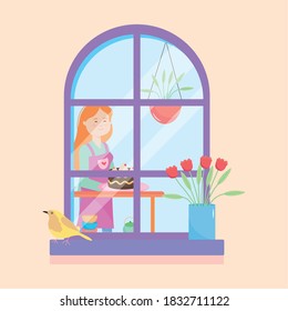 quarantine concept, house window showing a woman holding a cake over orange background, colorful design, vector illustration