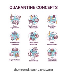 Quarantine concept icons set. Clean surfaces. Limit contact with pets. Do not accept guests. Self-isolation idea thin line RGB color illustrations. Vector isolated outline drawings. Editable stroke
