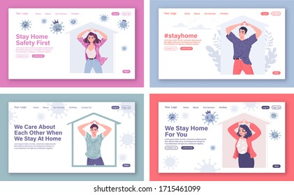 Quarantine concept of landing page, website with characters in flat cartoon style. They show with their hands over their heads gesture of roof, which symbolizes the call to Stay Home.
