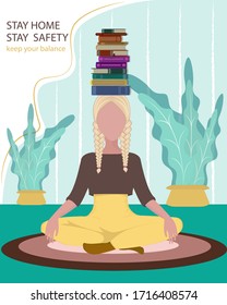 Quarantine, the concept of "stay home" in a room or apartment, yoga, books on his head, meditation, listens to music, keeps calm and balance. No panic. Striped cartoon vector illustration.