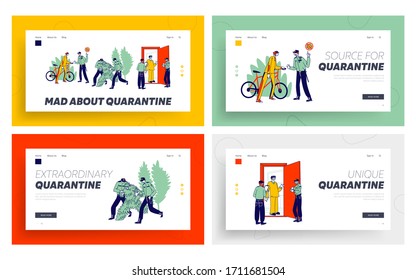 Quarantine Control Landing Page Template Set. Characters Violate Self Isolation, Policemen Arrest Person in Costume of Tree, Bicyclist in Park, Cheking Quarantined People. Linear Vector Illustration