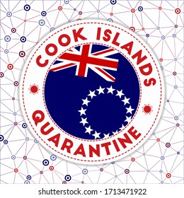 Quarantine in Cook Islands sign. Round badge with flag of Cook Islands. Country lockdown emblem with title and virus signs. Vector illustration.