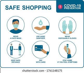 Quarantine coronavirus 2019-nCoV epidemic precautions. 
Safe shopping in public places during the coronavirus COVID-19 disease outbreak. Flat vector icon set