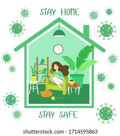 Quarantine and coronavirus concept. Self-isolation during the COVID-19 pandemic.  Cute girl stays at home reading a book in an armchair. Vector illustration in flat style.