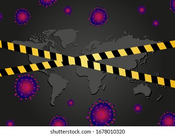 Quarantine Coronavirus, Covid-19. New virus, bacteria. Pandemic around the world. World map. Quarantine virus biohazard sign. Abstract banner, vector.