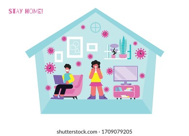 Quarantine coronavirus flat composition of shelter house with people and images of mad virus bacteria character vector illustration