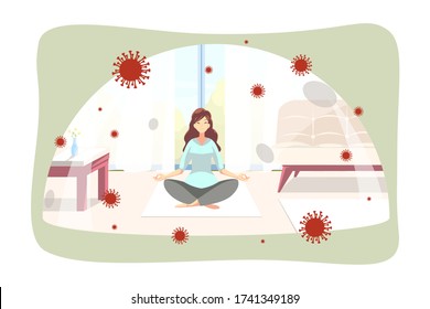 Quarantine, coronavirus, meditation, protection concept. Woman girl doing yoga pose exercise under glass cap at home on self isolation. Healthcare and staying home during covid19 and 2019ncov lockdown