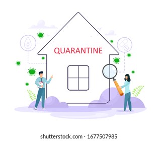 Quarantine, coronavirus, save your life. A house surrounded by viruses on the protection of doctors and medicine. Vector concept.