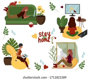 Quarantine, coronavirus, self isolation, stay at home concept. A girl reads a book, draws on a tablet, works on a laptop, and watches yoga classes. A set of vector illustrations. The cozy style.