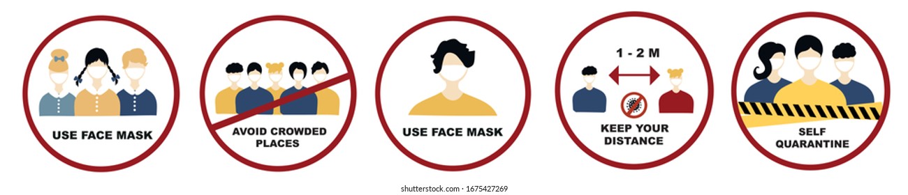  Quarantine Coronavirus  sign set. Covid-19, 2019-nCoV Novel Coronavirus, use face mask, avoid crowded places, keep distance, self  quarantine. Coronavirus Pandemic sign vector set.