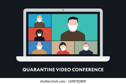 Quarantine Coronavirus. Video Conference Call. Group of People Face Mask Talking on Computer Laptop Screen Web Camera. Stay Home Quarantine. 