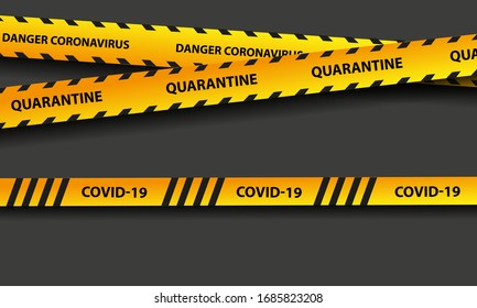 Quarantine Coronavirus Warning with yellow and black stripes. Black background with copy space. Quarantine biohazard sign. Vector.