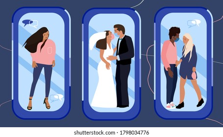 Quarantine coronavirus wedding.Virtual marriage ceremony.Man and woman in love. Couple wearing face masks,holding each other.Save the date concept of 2019-nCoV.Guests see from smartphone screens.
