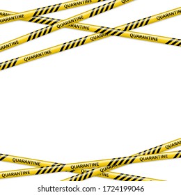 Quarantine COVID-19 banner with caution tapes and copy space.  Warning tapes isolated on white background. Black and yellow stripe lines. Easy to edit vector template for your design. 