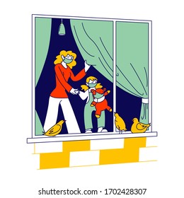 Quarantine and Covid19 Self Isolation Concept. Sad Woman and Little Girl Characters Wearing Protective Medical Masks Looking through Window on Street, Stay Home. Linear People Vector Illustration