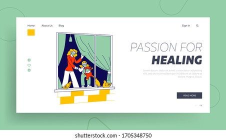 Quarantine and Covid19 Self Isolation Landing Page Template. Woman and Little Girl Characters in Protective Medical Masks Looking through Window on Street, Stay Home. Linear People Vector Illustration