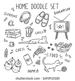 Quarantine cozy home doodle elements set.