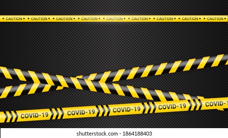Quarantine danger tape. Covid 19 and quarantine zone yellow warning tape. Coronavirus covid danger stripe on dark transparent background. Safety warning yellow black stripes