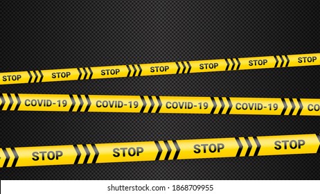 Quarantine danger tape. Covid 19 and quarantine zone yellow warning tape. Coronavirus covid danger stripe on dark transparent background. Safety warning yellow black stripes