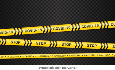 Quarantine danger tape. Covid 19 and quarantine zone yellow warning tape. Coronavirus covid danger stripe on dark transparent background. Safety warning yellow black stripes